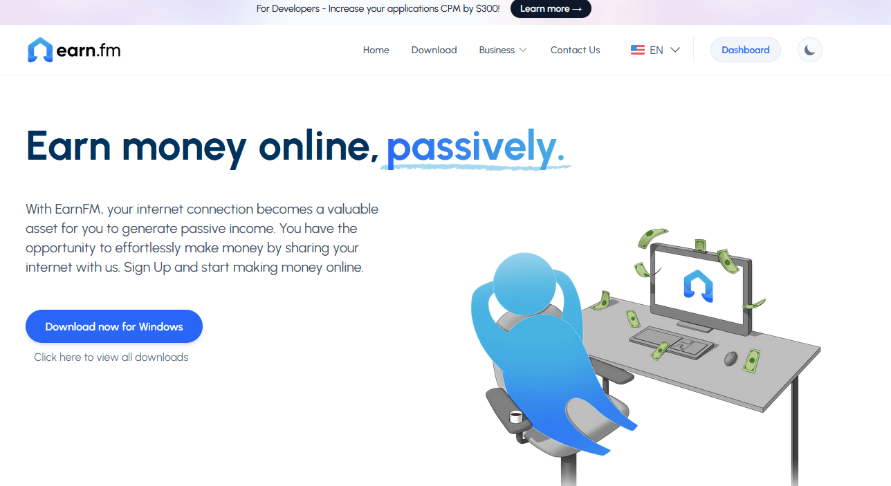 Earn.fm homepage, showing a person behind a computer and a button to download the app