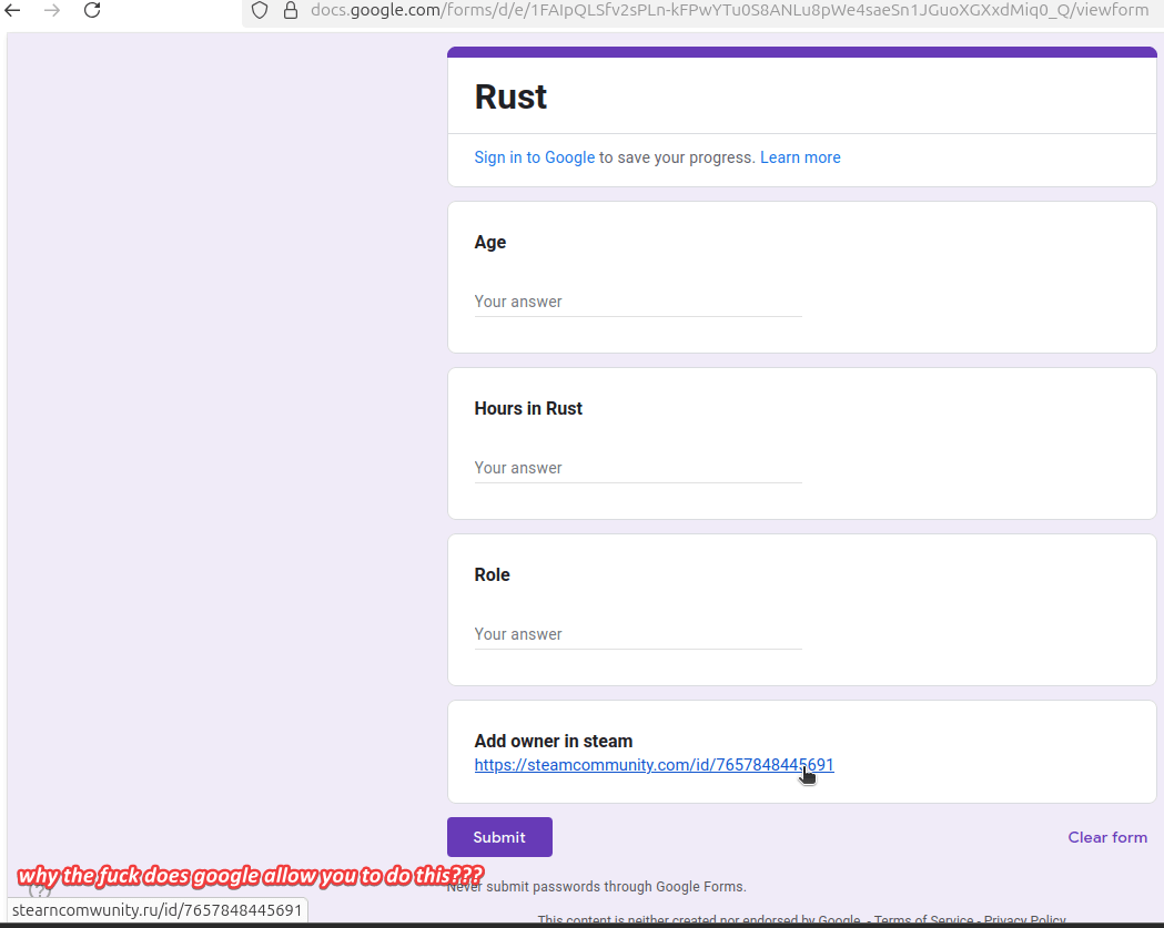 Google Form asking to add a 'Steam account' with a fake marked down link