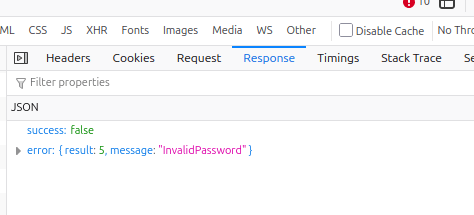 API response from the phishing page saying 'InvalidPassword'