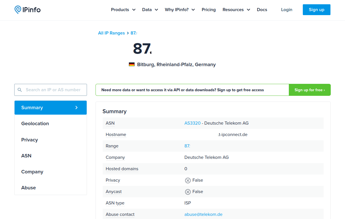 IPInfo lookup of the IP address used in the prior screenshot, showing it to be a residential IP address