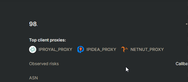 Spur lookup of an IP address used in the scam, showing it to be a residential IP address offered by IPRoyal Pawns