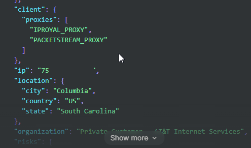 Spur lookup of another IP address used in the scam, showing it to be an AT&T IP address offered by IPRoyal Pawns