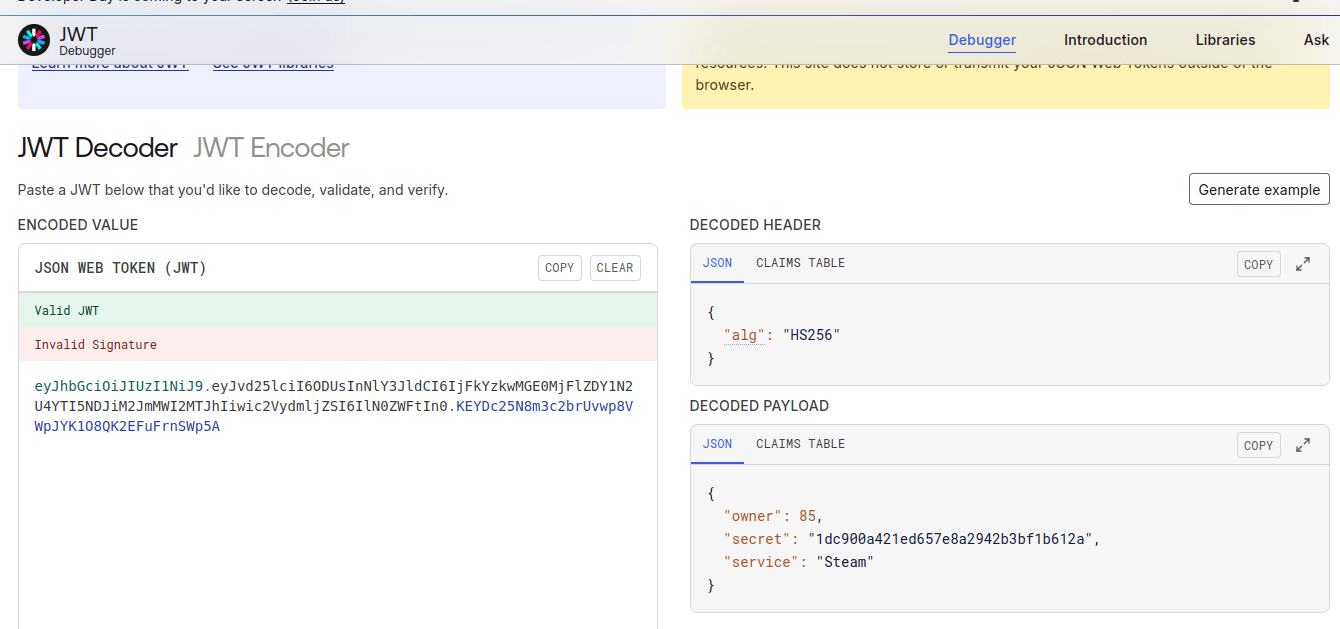 Decoded JWT token, showing the variables owner, secret and service