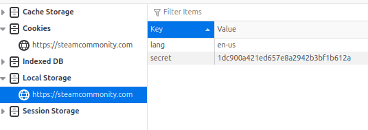 Local Storage of the phishing page, showing the secret variable