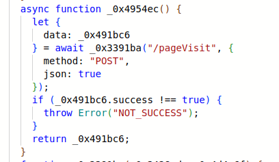 JavaScript code that handles the page visit, showing the _0x3391ba function being called