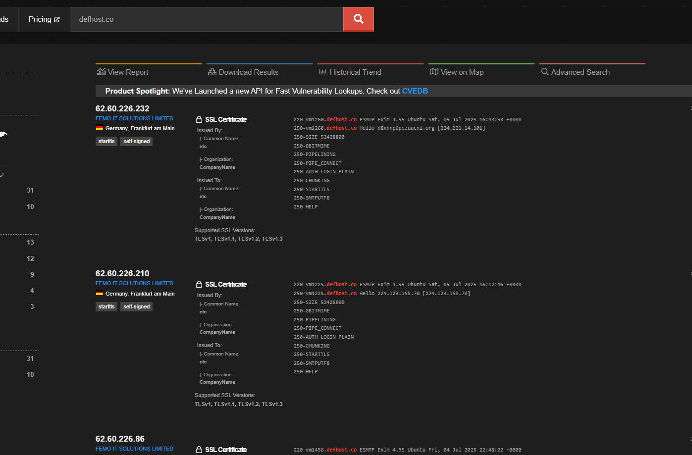 Shodan query result for defhost.co, showing the same ASN as the phishing page without Cloudflare enabled