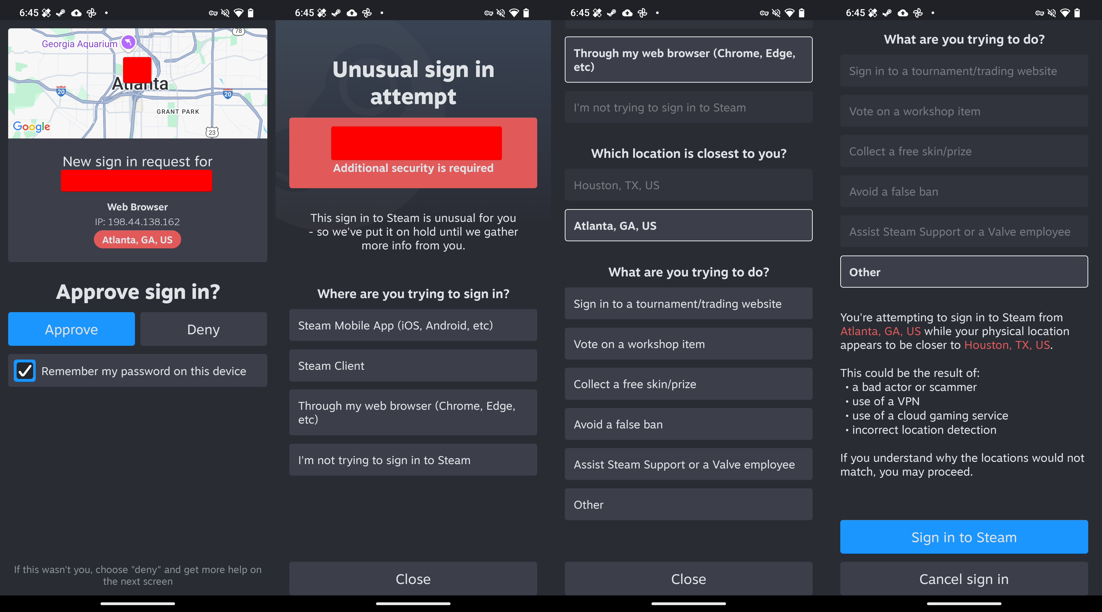 Screenshots of the Steam mobile app reacting to a suspicious login attempt from a different location