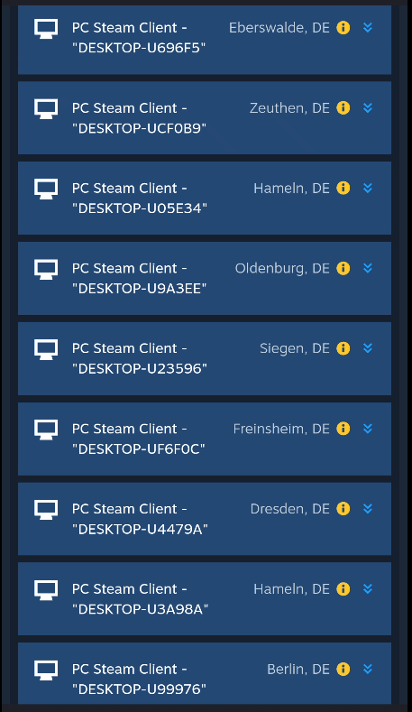Steam mobile app's Devices page showing many active devices with the same DESKTOP- formatting of name
