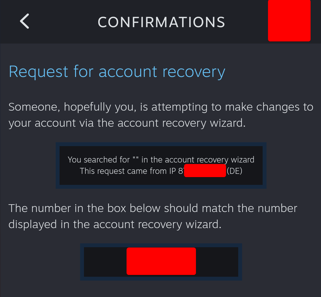 Steam request for account recovery from a German IP address