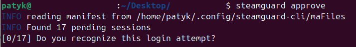 'steamguard approve' command being run, showing 17 pending login requests