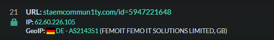 URLScan query result showing a phishing page without Cloudflare enabled, showing the IP address and ASN